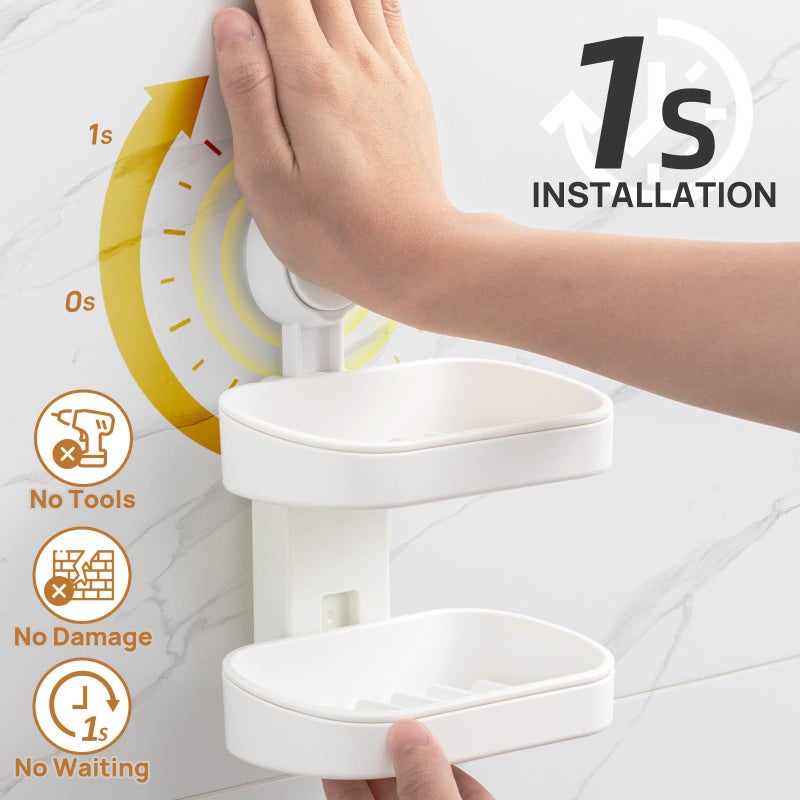 LEVERLOC Soap Dish Holder for Shower Double Layer Suction Cup Wall Mounted NO-Drilling Self Draining Removable Waterproof Strong Suction Bar Soap Sponge Holder for Shower Bathroom Bathtub Kitchen - Image 3